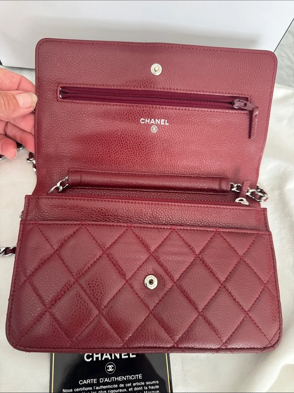 Chanel Burgundy Quilted Caviar Wallet on Chain. Burgundy. Pebbled leather.